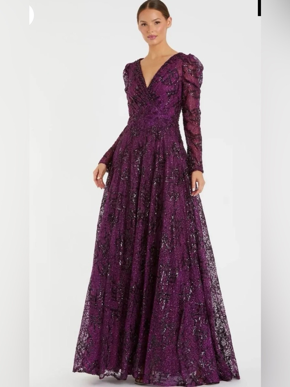 MAC DUGGAL Plum  Embellished V Neck Long Sleeve A Line Gown Sz 22 NWT $698 20354